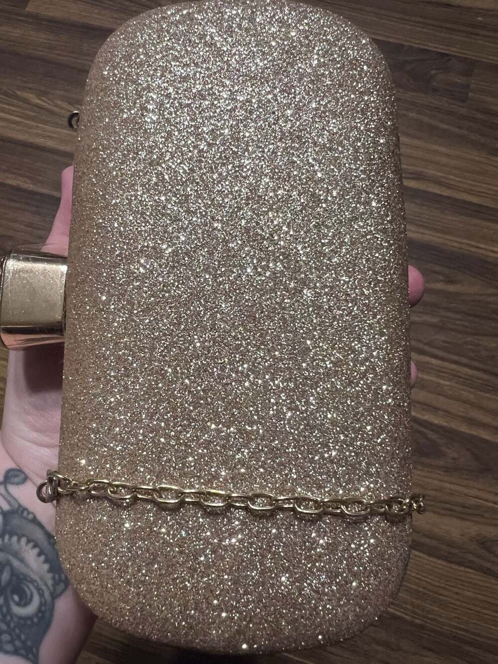 Gold Rhinestone Floral Embellished Hard-Shell Evening Clutch Bag with Chain Stra - Picture 5 of 6